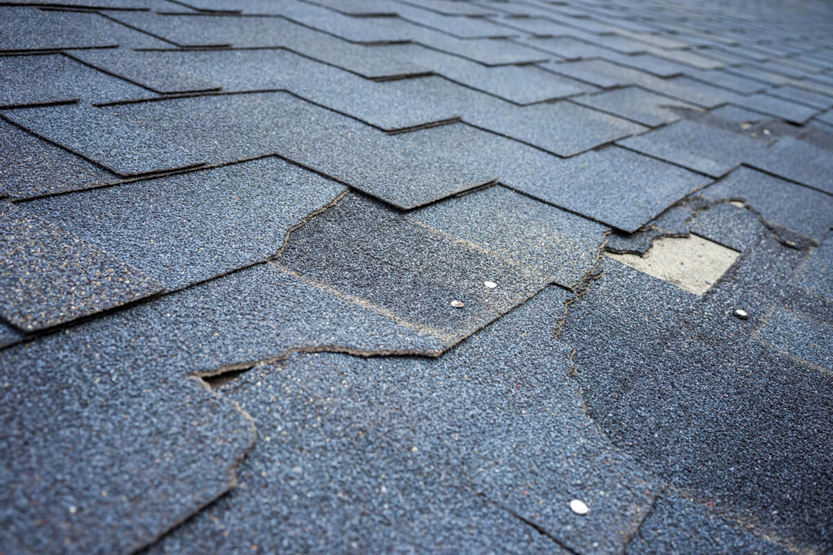 Damaged, missing roof shingles.